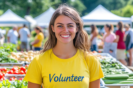Young woman in a yellow volunteer shirt at an outdoor farmers market, surrounded by fresh vegetables, helping support local food initiatives.の素材