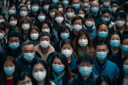 Crowd of people wearing face masks in urban setting for health safety, COVID-19の素材