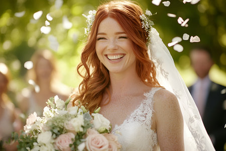 Joyful young caucasian female bride with red hair at outdoor wedding ceremonyの素材
