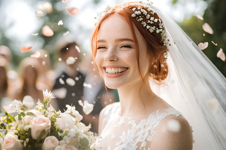 Radiant young caucasian bride smiling amidst flower petals on wedding day.の素材