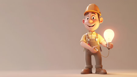 Happy cartoon electrician holding a bright light bulb, set against a neutral background, symbolizing innovation and energy.の素材