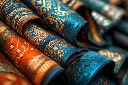 Intricate patterned fabric with rich blue and orange tones, captured in a detailed close-up at an Arabian market.の素材