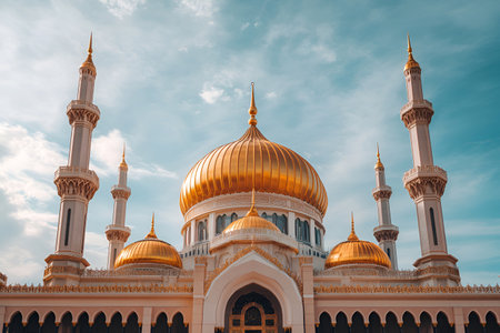 A stunning golden mosque with majestic domes and minarets, set against a vibrant blue sky.の素材