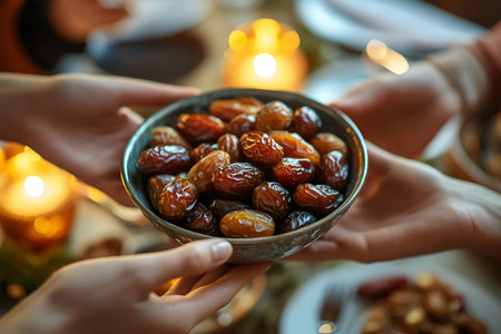 Hands offering a bowl of dates in a warm, candlelit setting, capturing the essence of Ramadan iftar.の素材