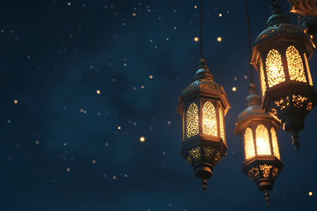 Illuminated Arabic lanterns casting a warm glow under a starry night sky, symbolizing Ramadan.の素材