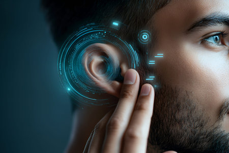 Futuristic hearing technology concept with digital interface near a man's ear, highlighting advanced auditory solutions.の素材
