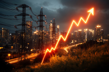 Rising energy demand amid urban night skyline with illuminated power lines.の素材