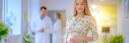 Pregnant caucasian young woman smiling in hospital hallway with medical staff.の素材