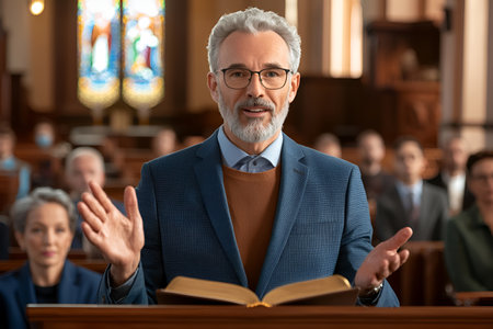 Mature caucasian male preaching in church with congregation and stained glass windows.の素材