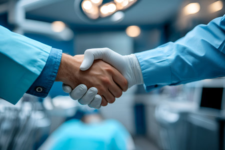 Professional handshake between medical workers in surgical room setting.の素材