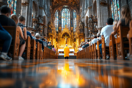 Majestic cathedral interior with congregation and priest during service.の素材