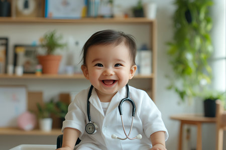 Adorable asian baby playing doctor with stethoscope in cozy room.の素材