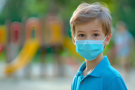 Young caucasian boy wearing blue mask in playground outdoors.の素材