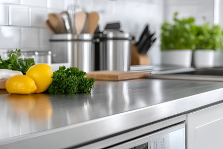 Modern stainless steel kitchen counter with fresh lemons and herbs in contemporary setting.の素材