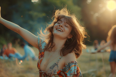 Joyful young caucasian female enjoying sunset in nature at a music festival.の素材