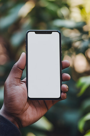 Sleek black smartphone held in hand against vibrant green foliage, emphasizing the contrast between technology and nature, inviting creativity and innovationの素材