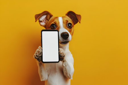 Adorable canine with expressive eyes presenting empty mobile device, bright yellow background enhancing joyful atmosphere, fur texture contrasting with sleek phone surfaceの素材