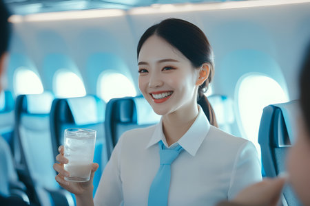 Brightly lit airplane interior featuring smiling stewardess holding glass of water, passengers seated comfortably in rows, soft blue tones creating inviting ambianceの素材