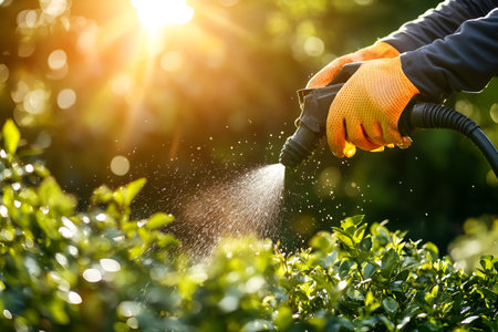 Gardener's hand in orange gloves waters vibrant green plants with a hose in a sunlit garden, highlighting the importance of care and nurturing in nature's growthの素材