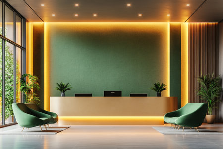 Contemporary reception space showcases elegant green seating, a gold desk, and vibrant plants, enhanced by soft lighting, providing a welcoming environment for visitorsの素材