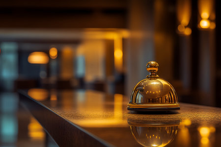Golden reception bell rests on a sleek wooden counter in an upscale hotel lobby, surrounded by soft lighting and a welcoming atmosphere, representing hospitalityの素材