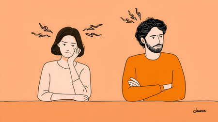 Couple depicted in an illustration, sitting separately with frustrated expressions, surrounded by swirling lines, conveying emotional tension and conflict in a warm atmosphereの素材
