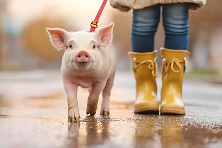Adorable piglet on leash with person in yellow boots on a walk.の素材