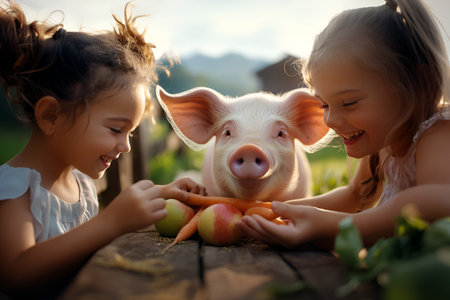 Joyful young caucasian girls feeding adorable farm pig outdoors.の素材