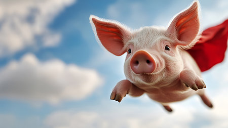 Flying pig with superhero cape soars through blue sky with clouds.の素材