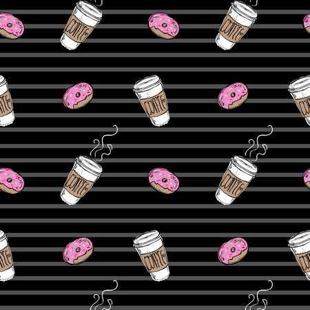 Seamless pattern donut and coffee on striped black background illustration.のイラスト素材