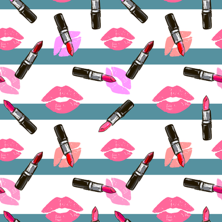 Fashion Seamless cosmetics pattern with lipstick kisses and lipsticks on blue striped background in cartoon styleのイラスト素材