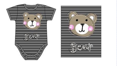 design of Baby boy bodysuit. technical sketch and artwork with print or applique of teddy bear faceのイラスト素材