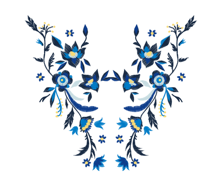 A sketch of embroidery of blue color flowers with leaves for design of pillow case or napkin or tableclothのイラスト素材