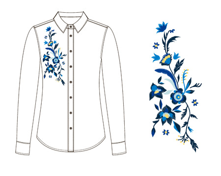 A sketch of front and back parts of blouse with floral embroidery.のイラスト素材