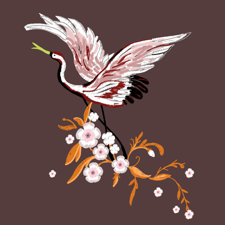 Japanese cranes with flowers. Embroidery for Fashion. Vector illustration.のイラスト素材