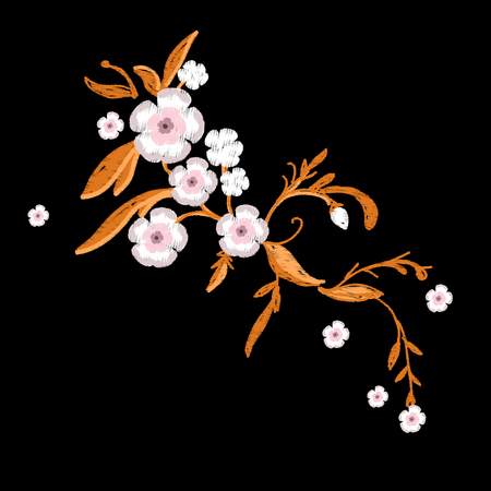 Embroidery of sakura flowers with leafs for Fashion. Vector illustration.のイラスト素材