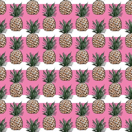 vector pattern with pineapple on pink and white striped backgroundの写真素材