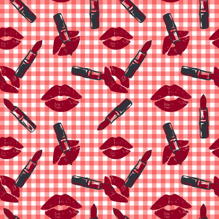 fashionable lipstick and kiss pattern on red and white check backgroundのイラスト素材