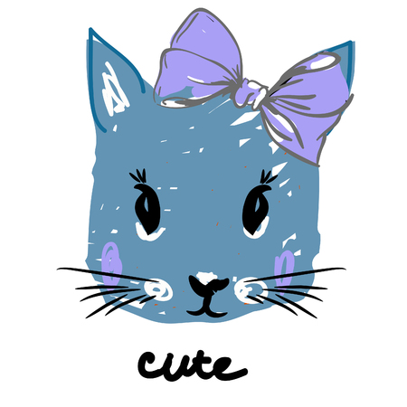 blue kitty face with bow in kids style with text cute. print for t shirt in childish styleのイラスト素材