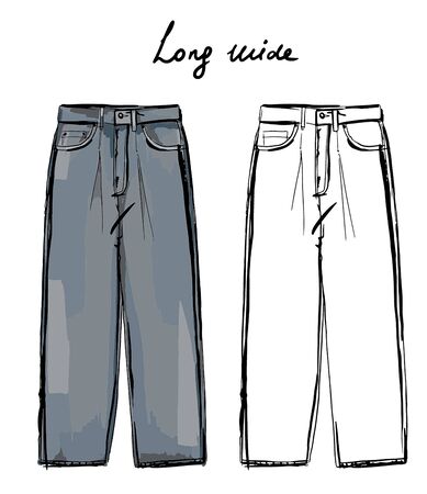 Vector fashion sketch of jeans long wide fit. sketch of trendy trousers. Fashion illustration.のイラスト素材