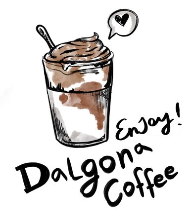 Sketch of Dalgona Coffee with recipe. Hand drawn trendy fluffy creamy whipped coffee. Korean trendy quarantine coffee.Perfect for t shirt print, cards, poster.の写真素材