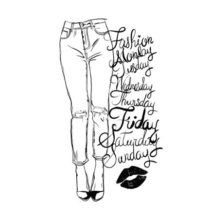 Vector black and white fashion illustration of femail legs in  skinny jeans with holes. Perfect for poster, t shirt print, postcard, cover and etc.のイラスト素材