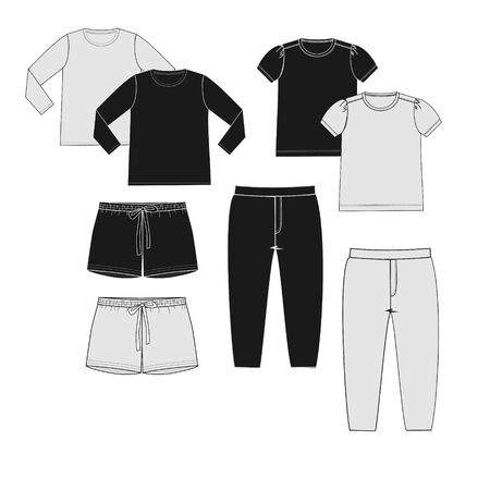 Basic clothes set in black and white colors for teen girl. Front part fashion sketch. Technical drawing with pants, shorts, joggers, t-shirts, longsleeves.のイラスト素材