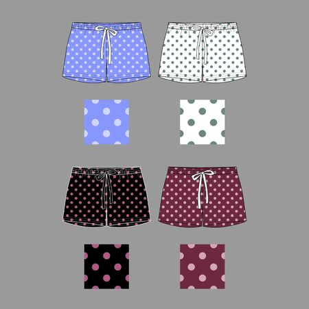 Technical sketch of shorts with print pattern with polka dots. Front part. Fashion sketch of printed pants. のイラスト素材