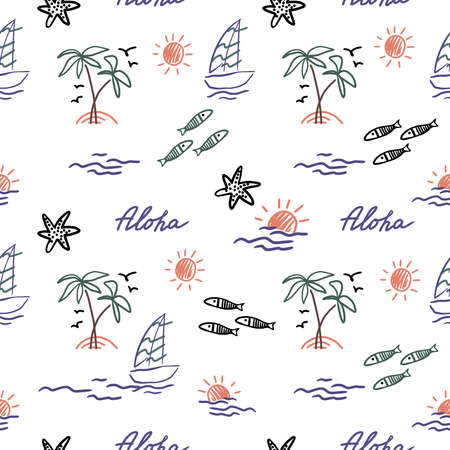pattern of summer. Palm trees, sun, sea, fish, starfish and yaht for your design. Doodles, sketch.のイラスト素材