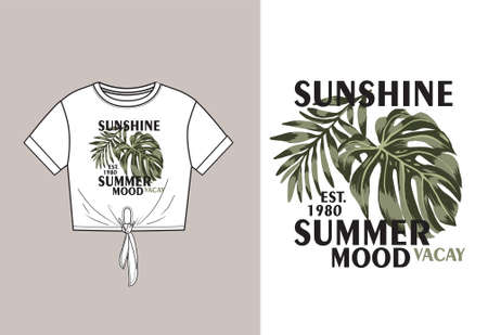 Vector technical sketch of crop top t shirt with knot and print with monstera and palm leaves with slogan. Front  part. Fashion design. T shirt mock up. Youth fashion. Fashion Print design ideaのイラスト素材
