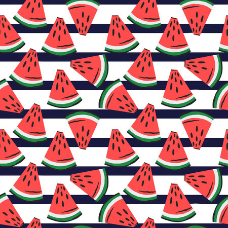 watermelon slices pattern on blue striped background. fruit background. Summer textile print on...