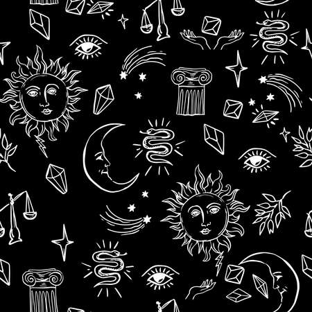 Doodle hand drawn vector seamless pattern with magic attributes,sun and moon, tarot symbols.のイラスト素材