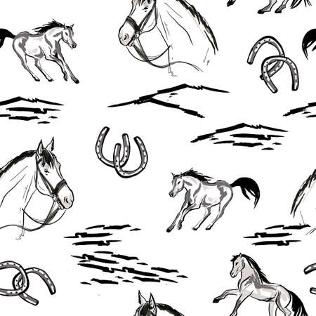 Seamless wallpaper pattern. The running horses in sketch hand drawn style. Western pattern.のイラスト素材