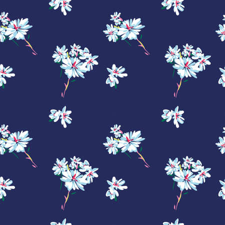 Vector seamless pattern with simple doodle flowers on dark blue background. Perfect for fabric, wrapping, wallpaperのイラスト素材